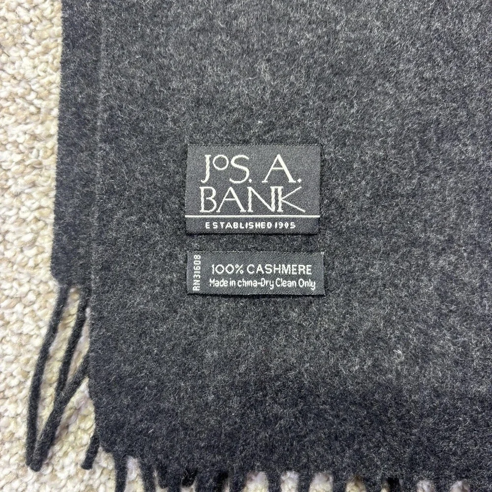 Jos. A. Bank Scarf Mens One Size Gray Solid 100% Cashmere Fringe Winter